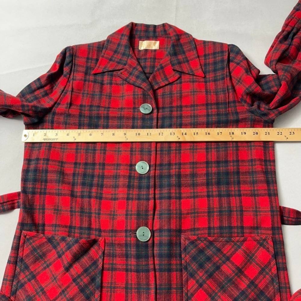 Vintage 1940s 50s Pendleton Wool Robe Dress Red Plaid Belted Pockets - Picture 9 of 13
